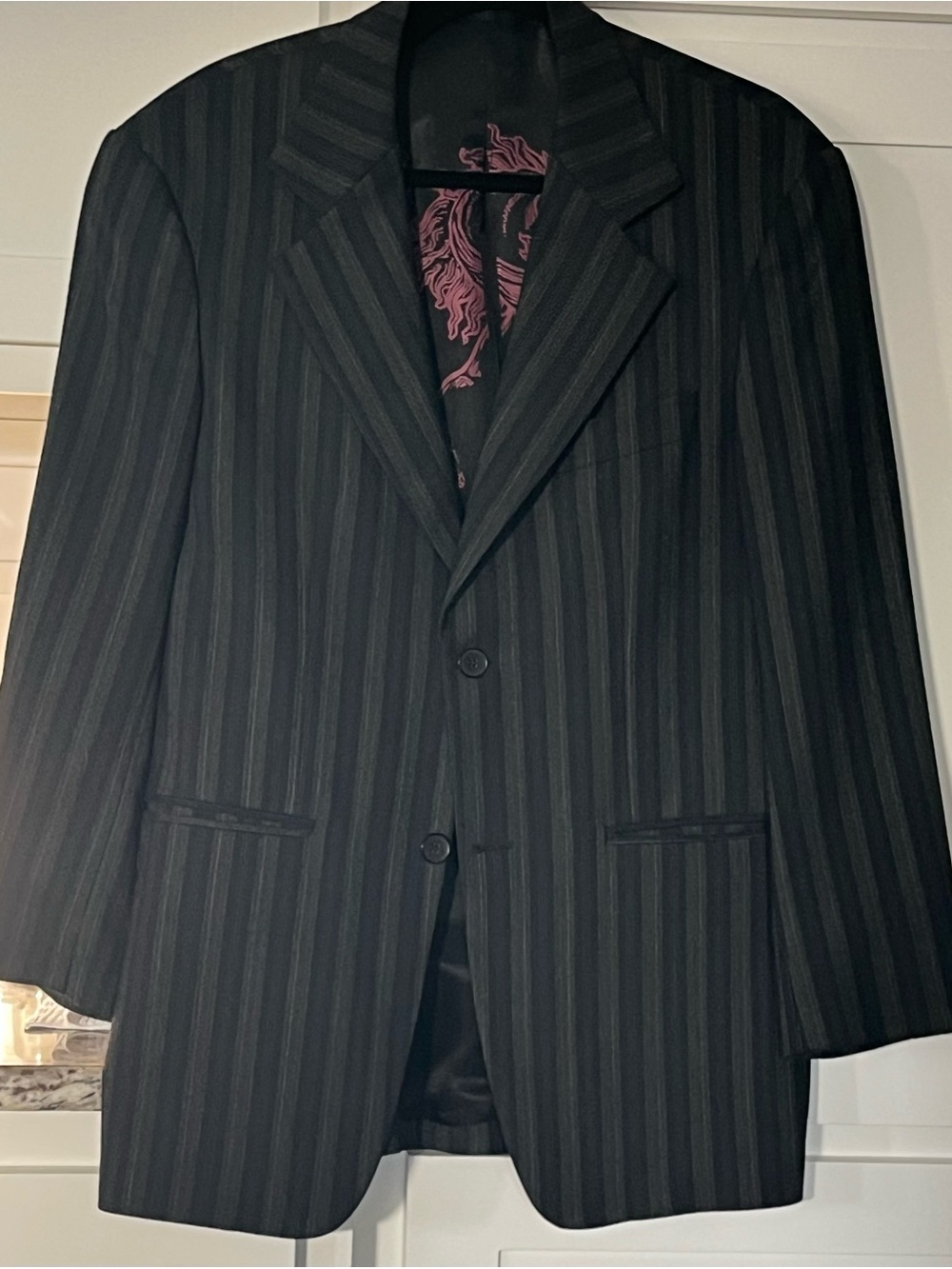 Men's Black Pinstripe Two-Button Suit Jacket